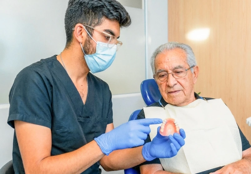 Clinician showing a traditional removable denture to a patient during a consultation.