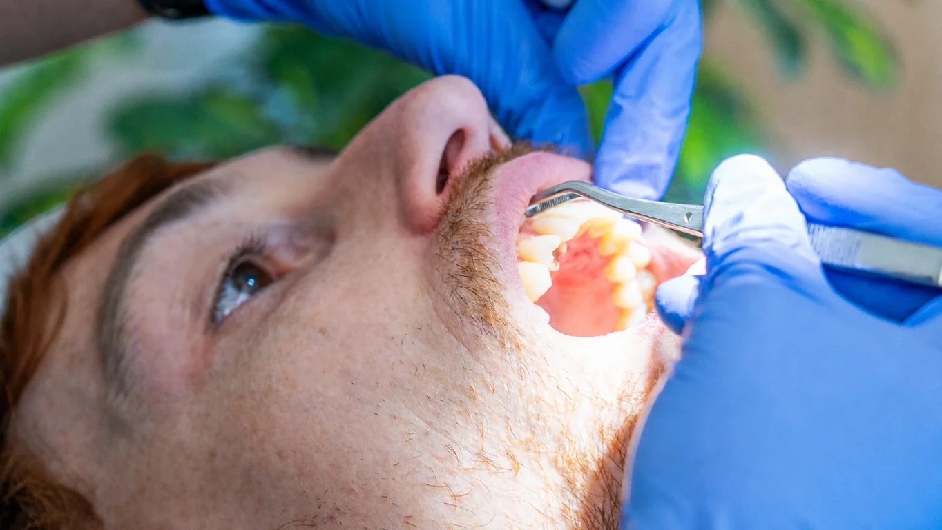 Dentist examining a patient's teeth during an urgent dental evaluation at hisonrisa in Mexico City.