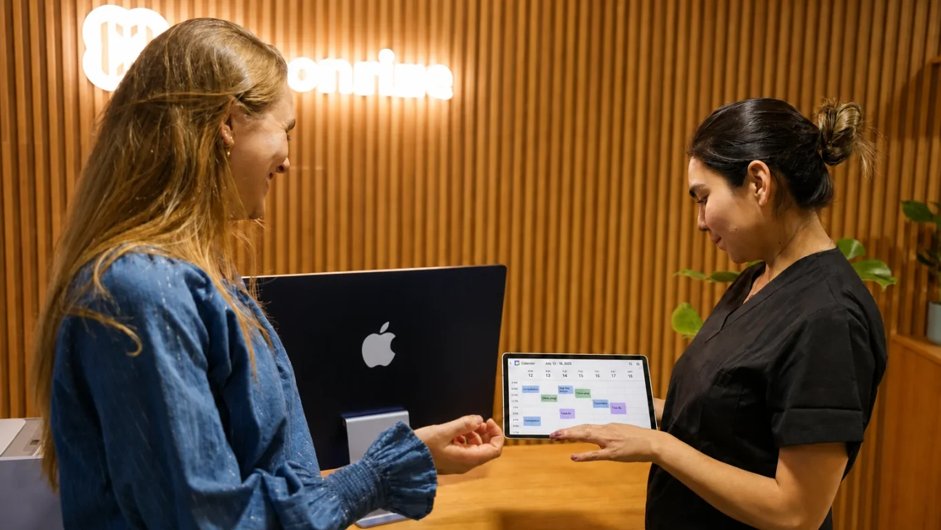 Clinic team member showing a Google Calendar schedule to a patient at hisonrisa in Mexico City.