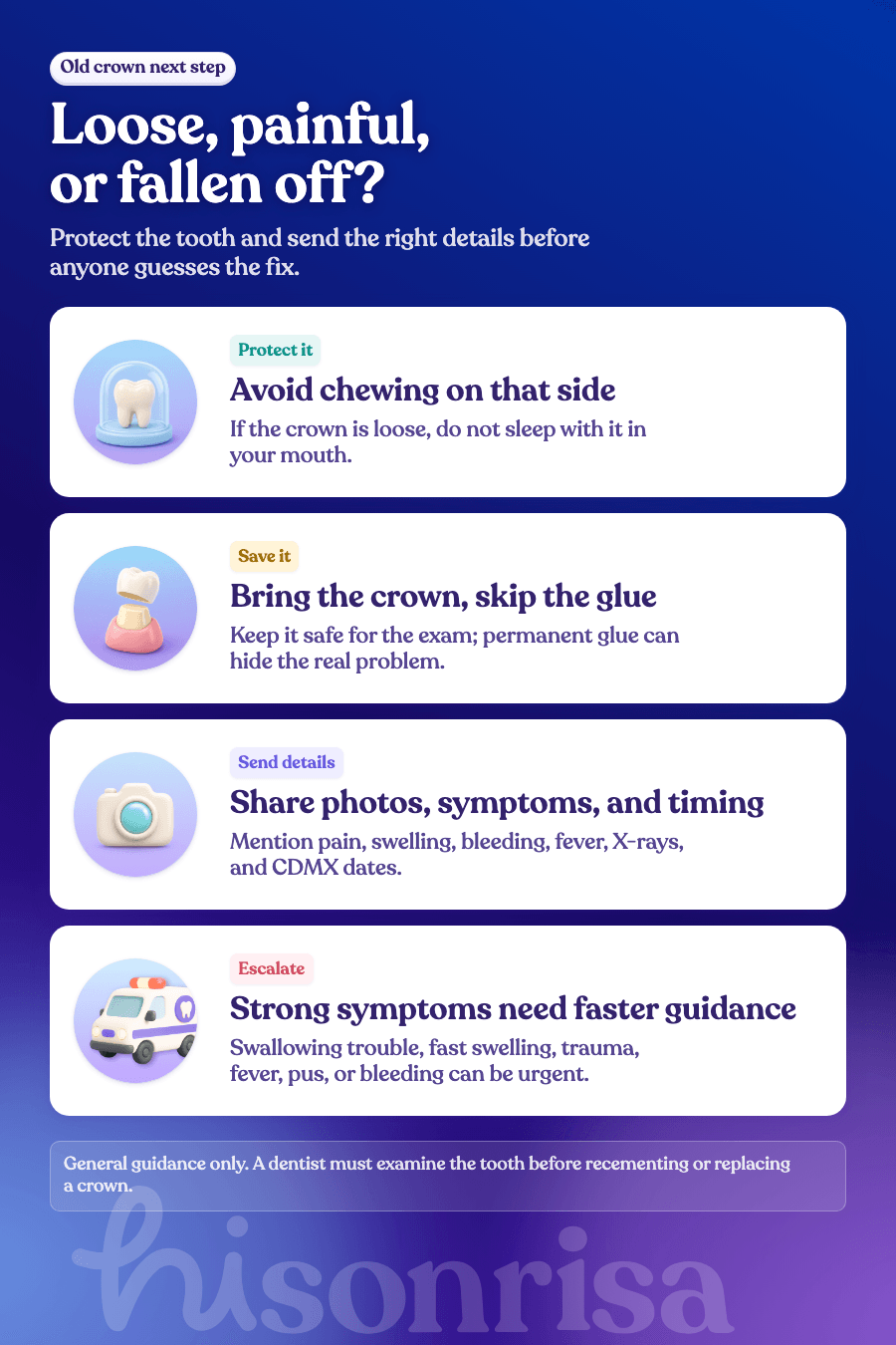 Checklist graphic showing what to do when an old crown feels loose or falls off in Mexico City.