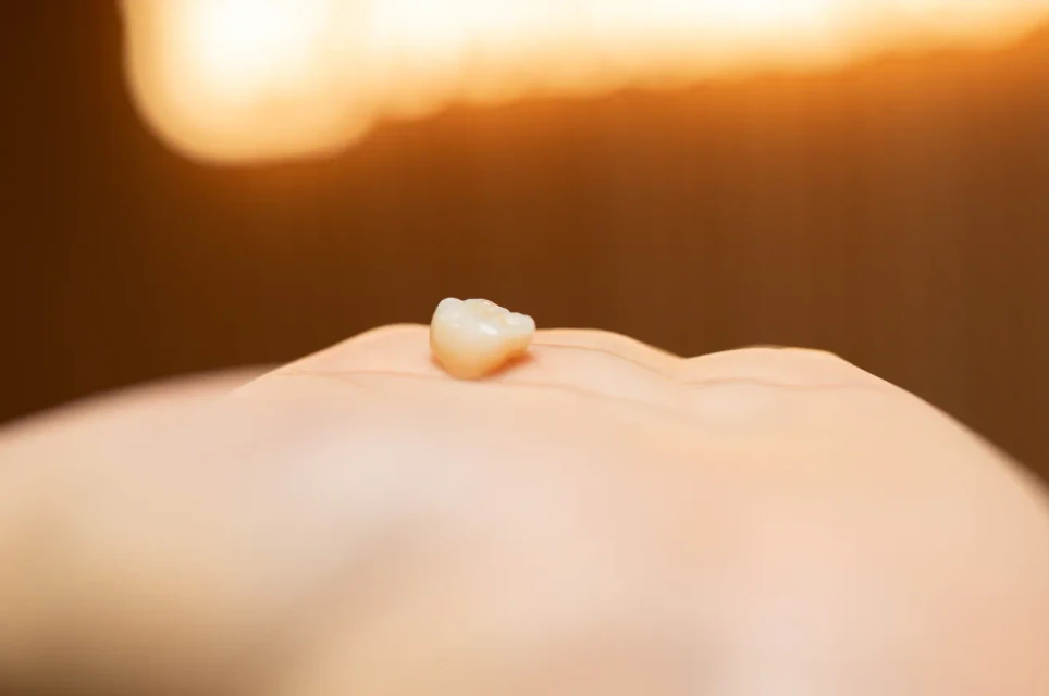 Small dental crown sample resting on a hand during a crown material discussion.