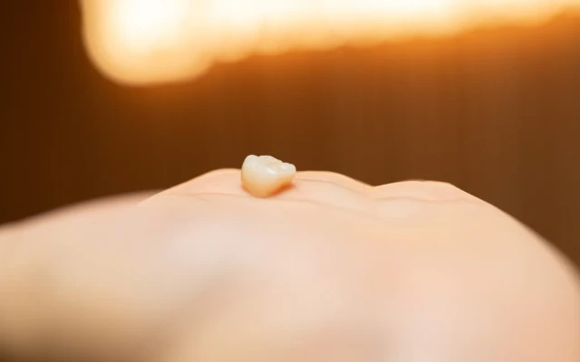 Small dental crown sample resting on a hand during a crown material discussion.