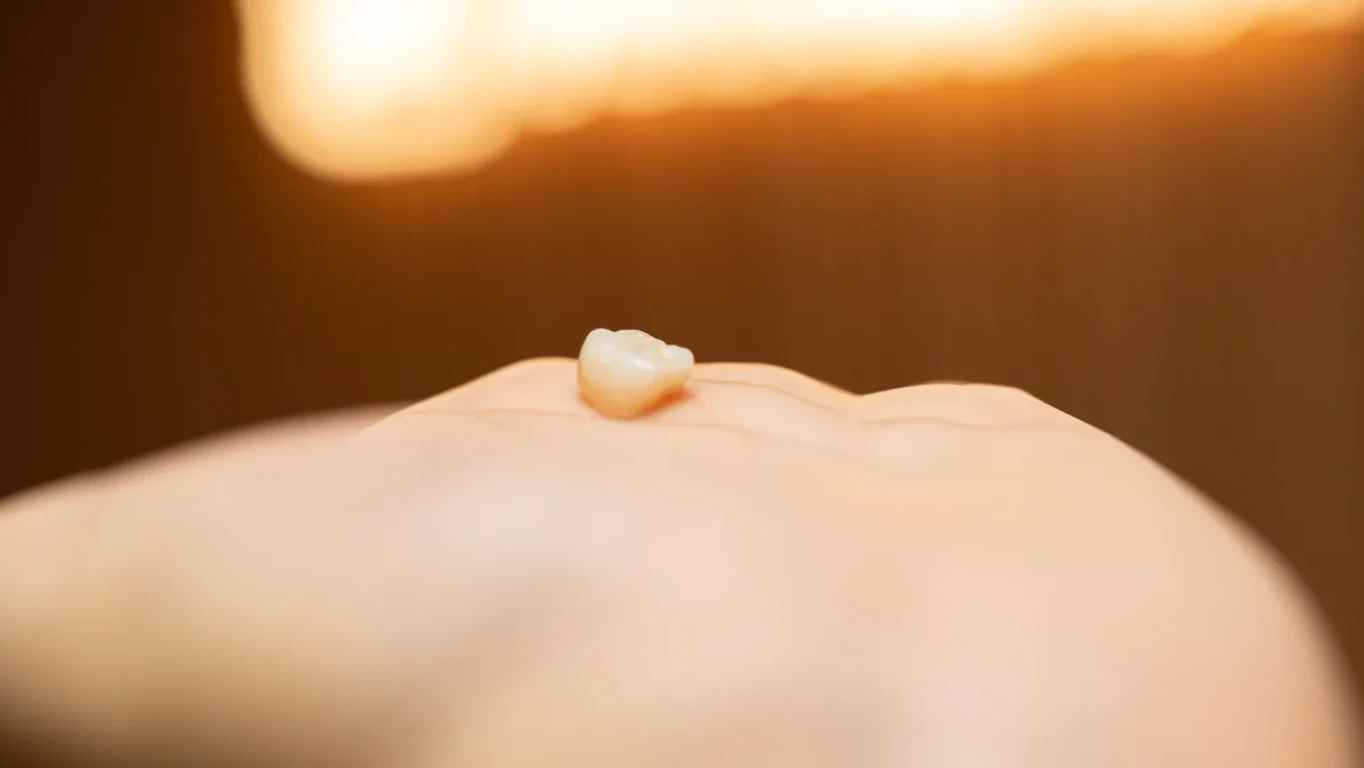 Small dental crown sample resting on a hand during a crown material discussion.