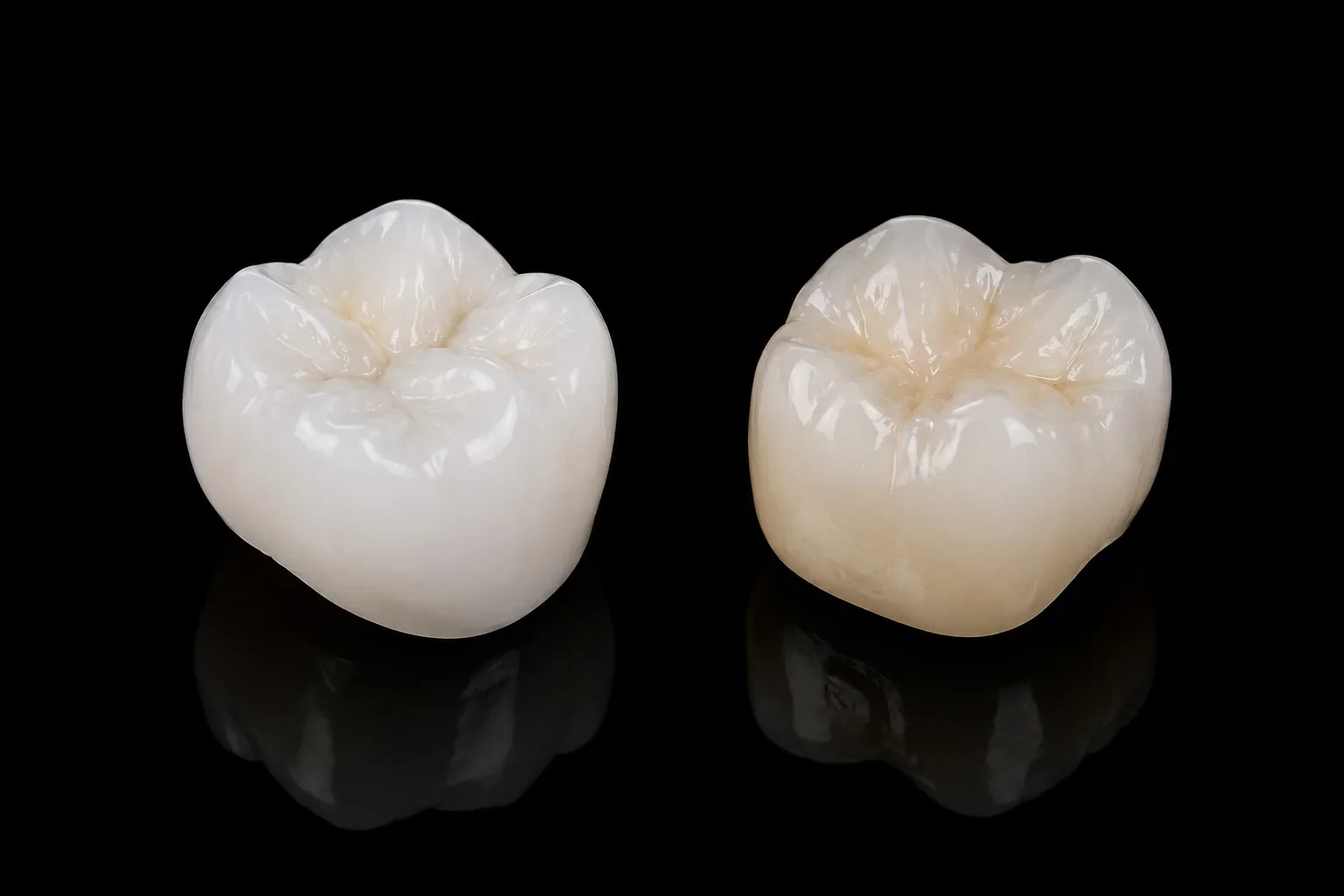 Two ceramic dental crowns shown side by side for crown material comparison.