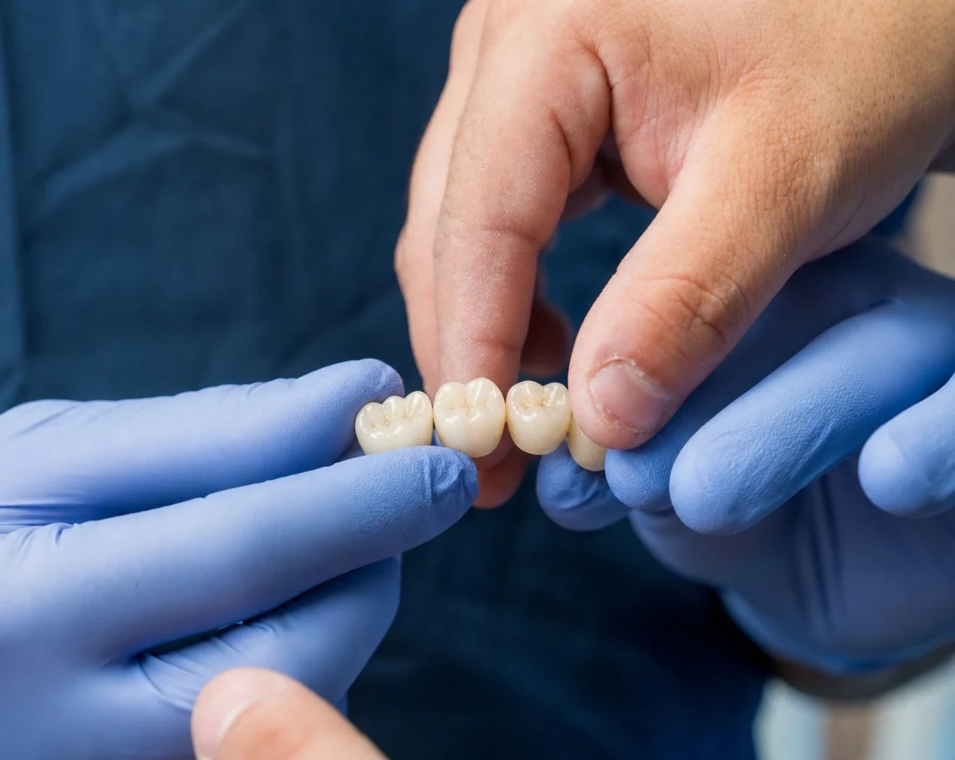 Manos con guantes sosteniendo un puente dental cerámico durante planeación restauradora en hisonrisa, Roma Sur, CDMX.