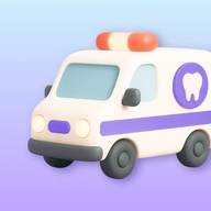 Emergency dentist icon with an ambulance and tooth.