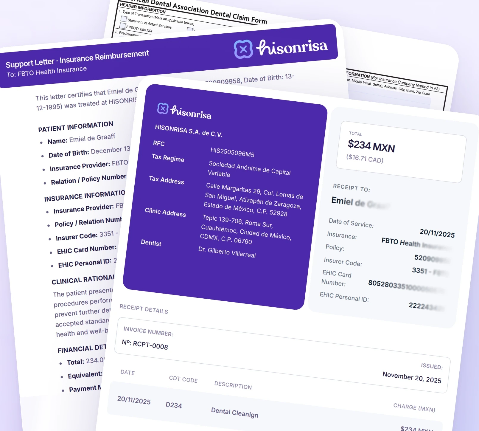 Example hisonrisa paperwork preview showing an itemized invoice, receipt, and supporting documents.