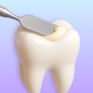 Composite fillings icon with instrument placing resin on a tooth.