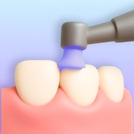Dental cleaning icon with polishing handpiece on tooth.