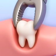Wisdom tooth extraction icon with forceps removing a molar.