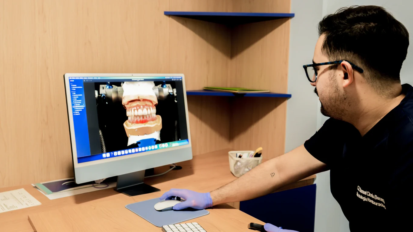 Dentista de hisonrisa revisando un modelo dental digital para planear un tratamiento restaurativo en Ciudad de México.